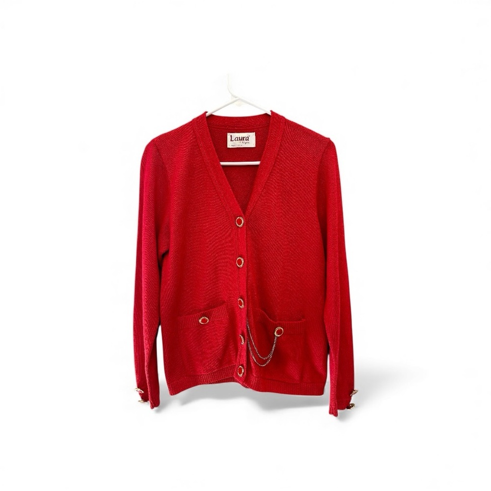 Vintage 80’s “Laura” Women's Red Cardigan w/ Button Chain Detail Size 6